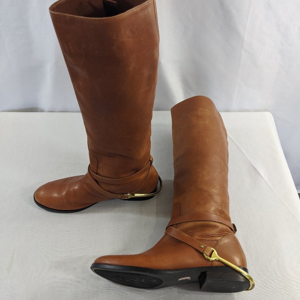 Ralph Lauren Tan Leather Mid-Calf Riding Boots with Gold Hardware